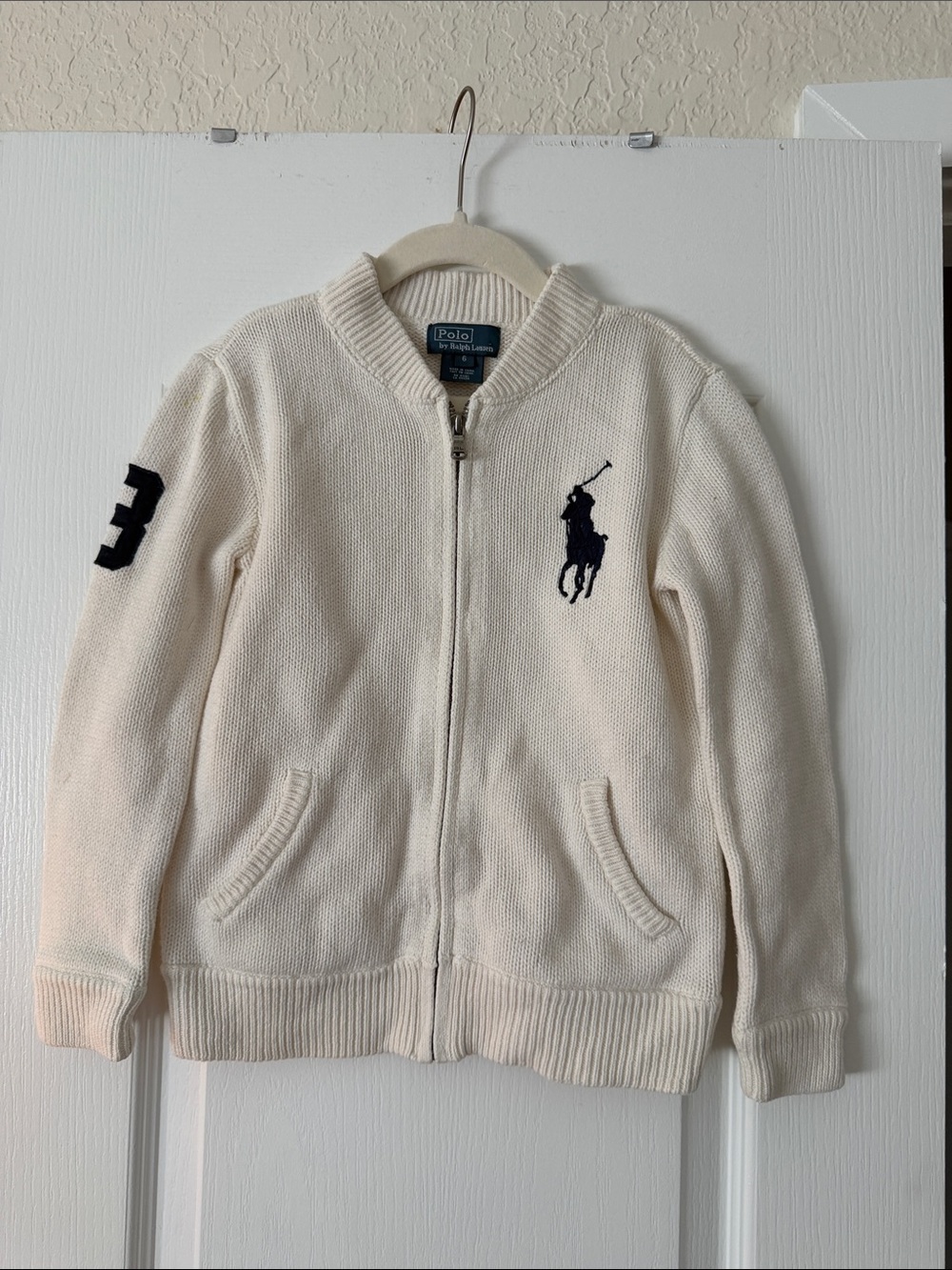 Ralph Lauren Kids Cream Zip Hoodie with Navy Pony and Sleeve Patch